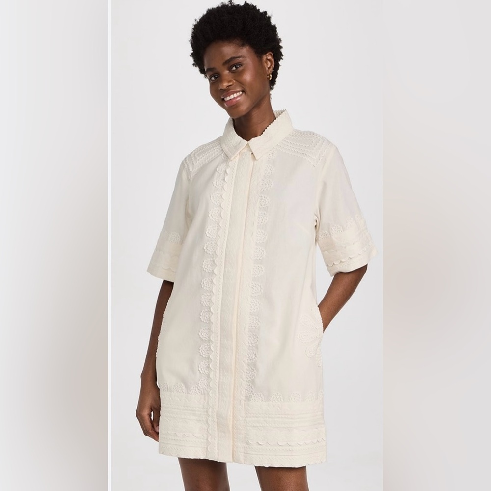 SEA NY Embroidered Cotton Elegant Cream Lace Shirt Dress